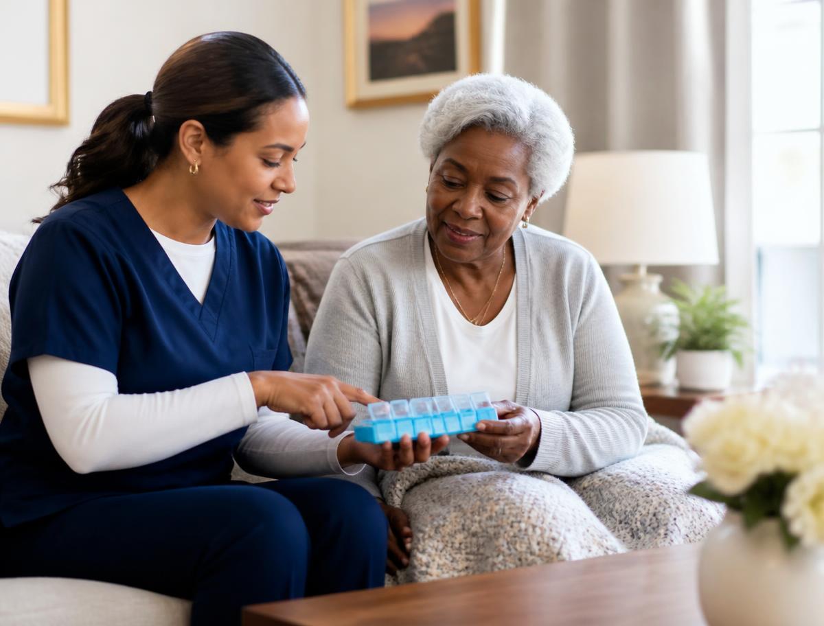 Caregiver helping an older adult organize daily medication