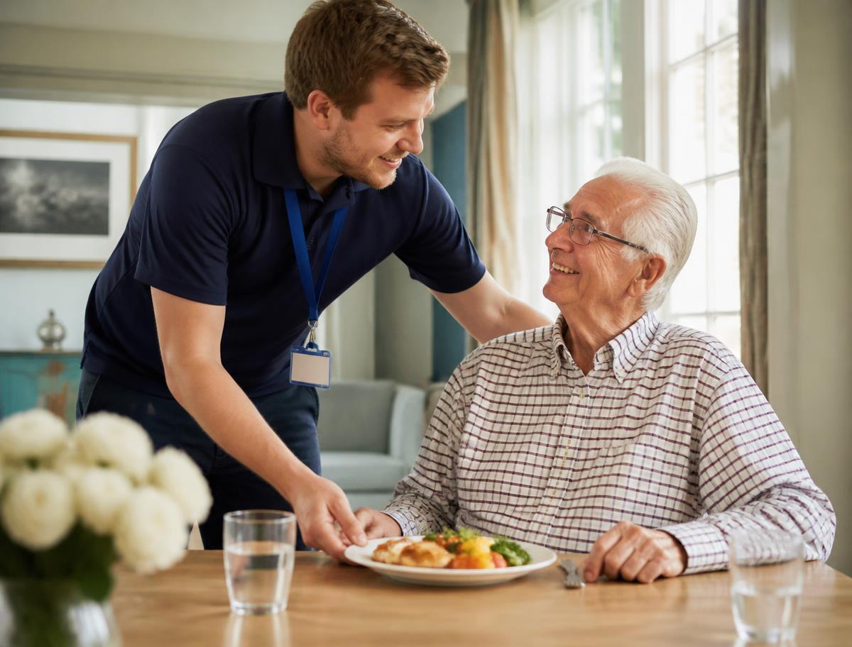 Staff member serving a healthy meal to an older adult