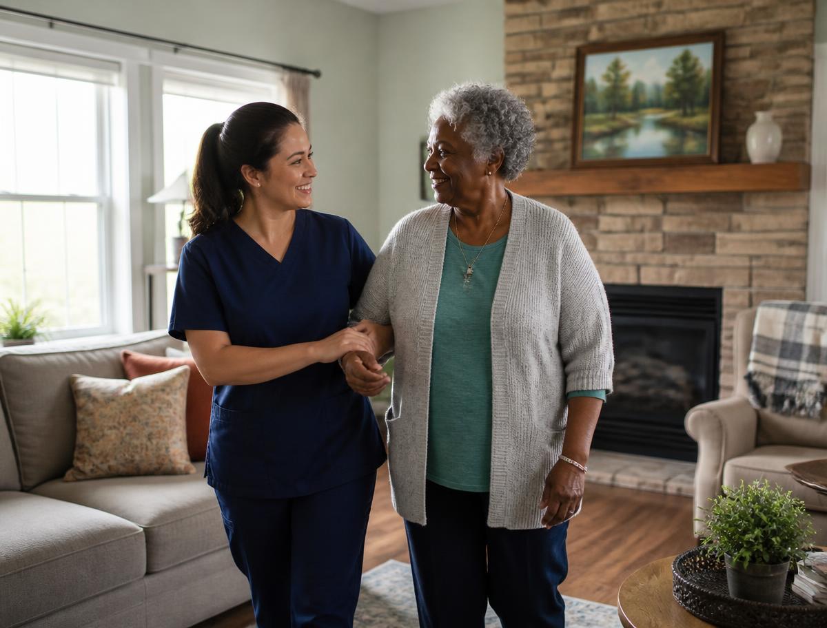 Caregiver helping an older adult walk safely at home